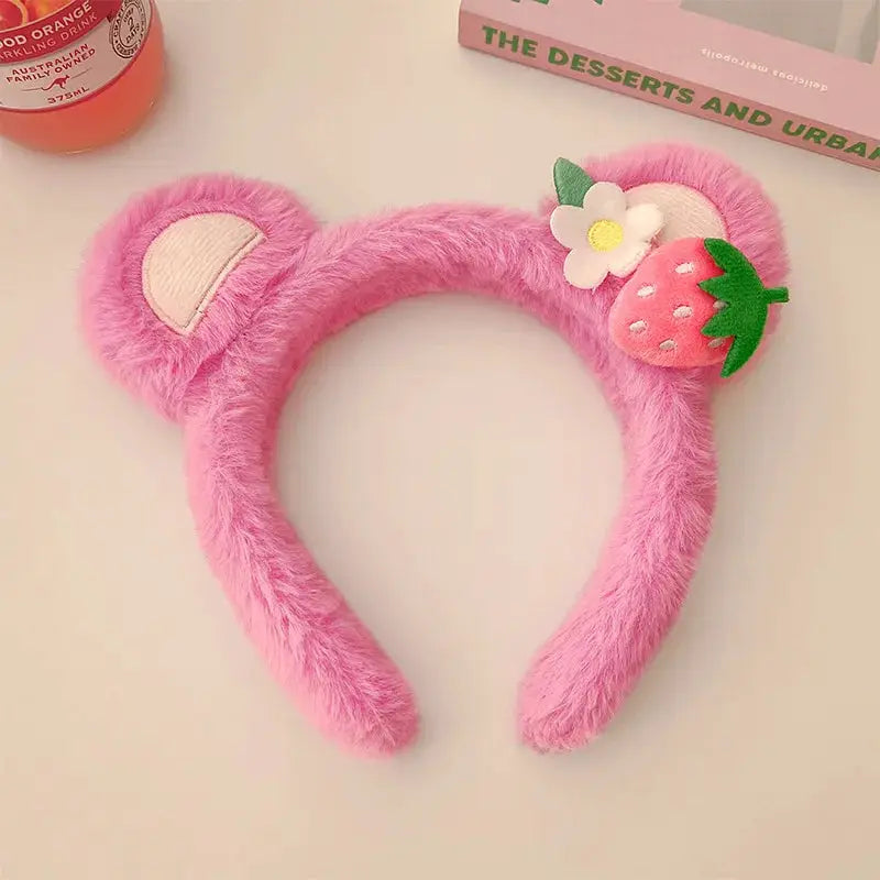 Strawberry Bear Plush Headband For Women Soft Hairband For Face Wash And Skincare Cute Fashion Accessory
