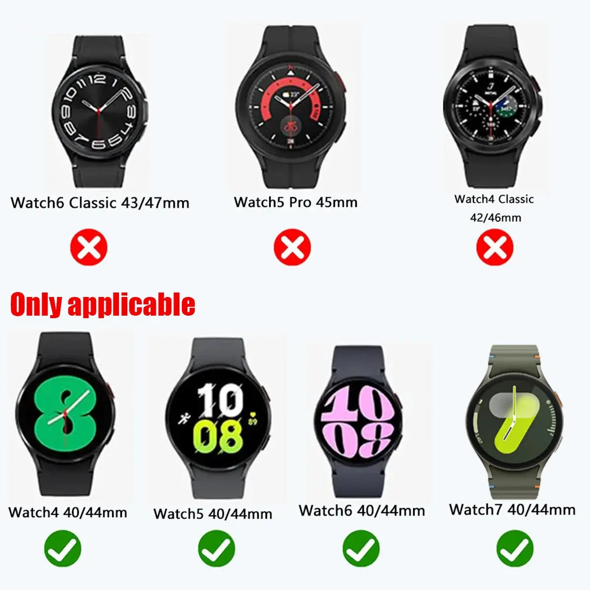 Soft TPU protective watch case for Samsung Galaxy Watch 4–7, 40mm/44mm; Simples Market, 7 watches shown