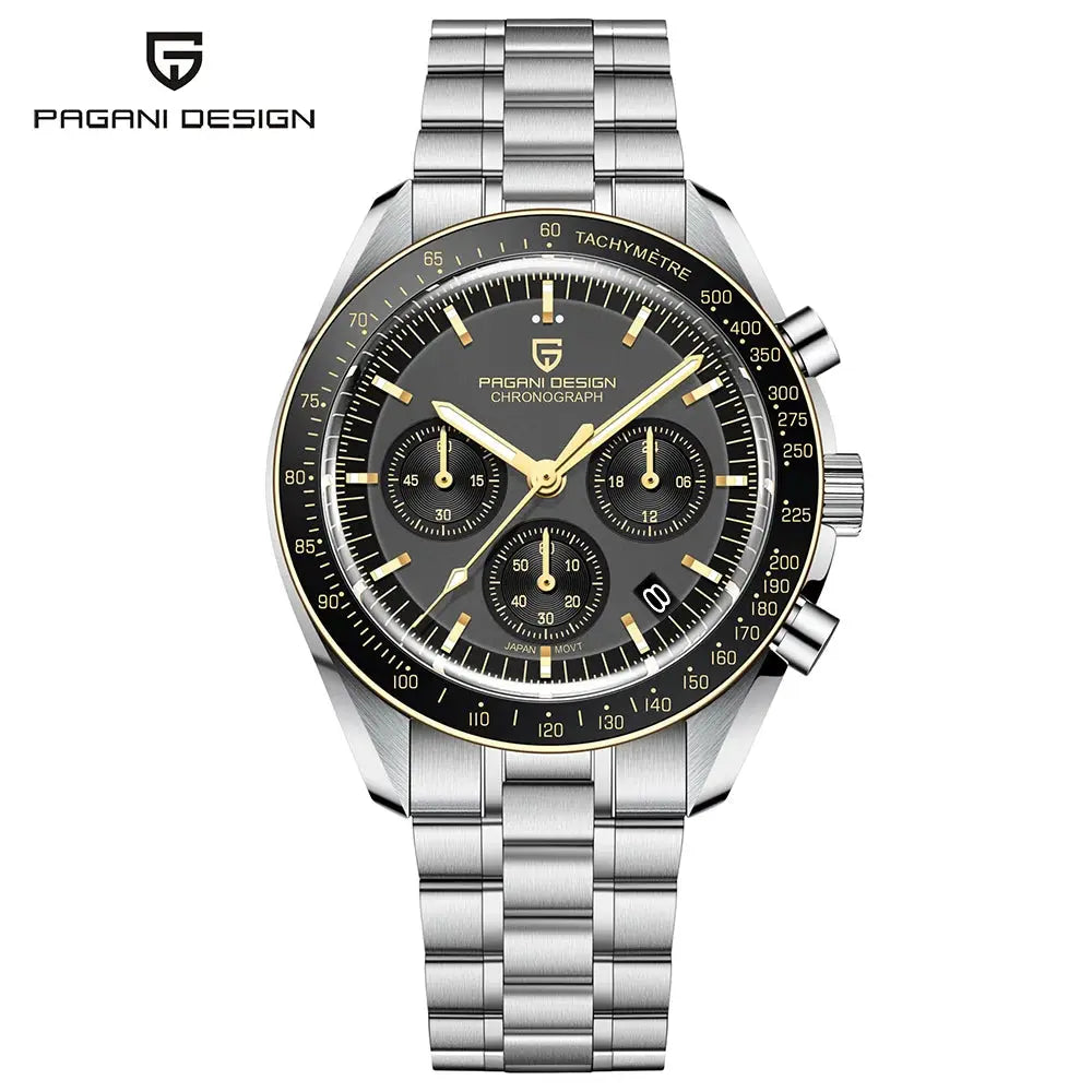 Pagani Design 1701 V5 men's chronograph watch with stainless steel bracelet, black dial, gold hands, AR sapphire glass
