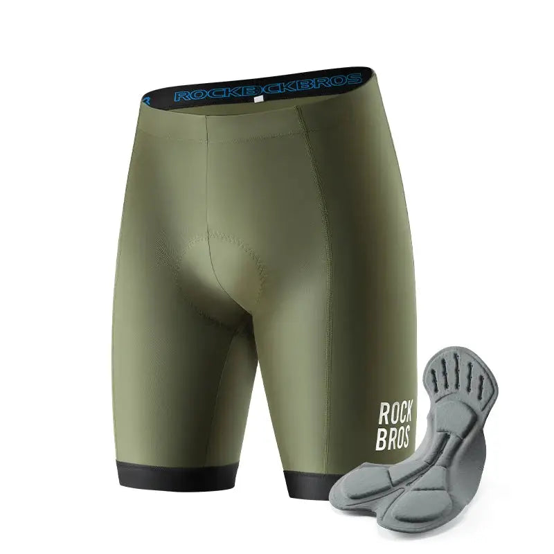 ROCKBROS men's cycling shorts in olive green with 3D gel pad and anti-slip waistband for breathable riding comfort