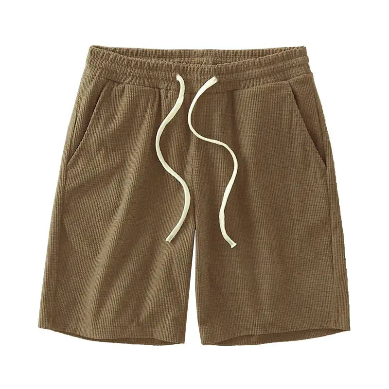 Men's shorts in brown waffle texture with drawstring, knee-length, mid-rise by Simples Market