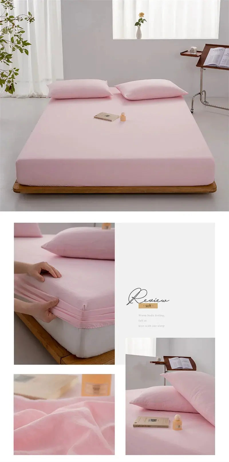 Soft pink cotton fitted sheet with elastic band for single to king size mattresses, Simples Market.