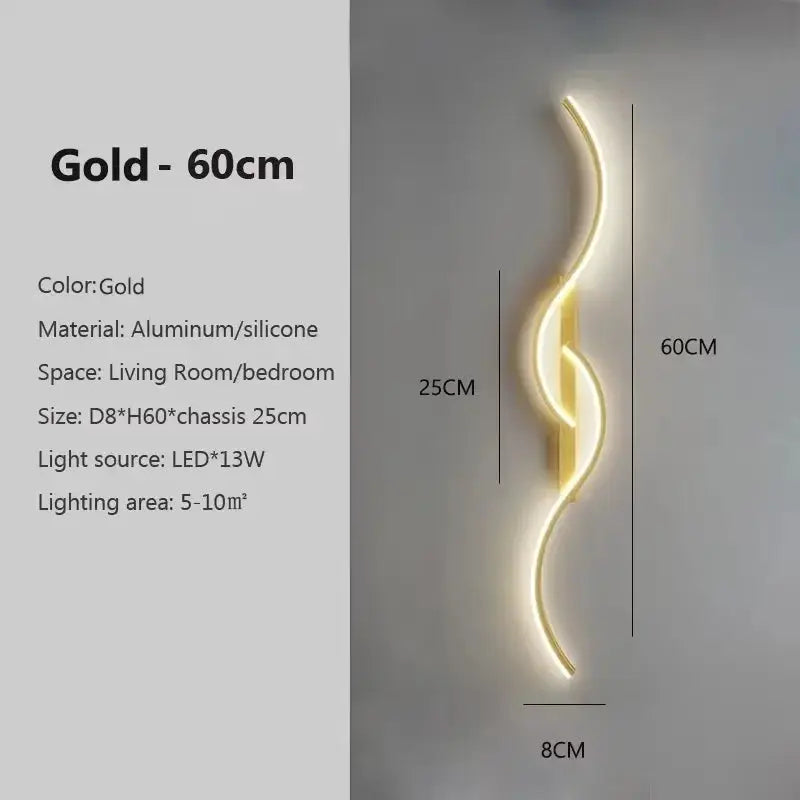Gold aluminum/silicone LED wall lamp strip, 60 cm long curved sconce for living room or bedroom.