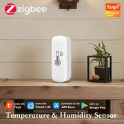 Simples Market Zigbee 3.0 Temperature Humidity Sensor, white plastic indoor hygrometer with Tuya logo on wooden table