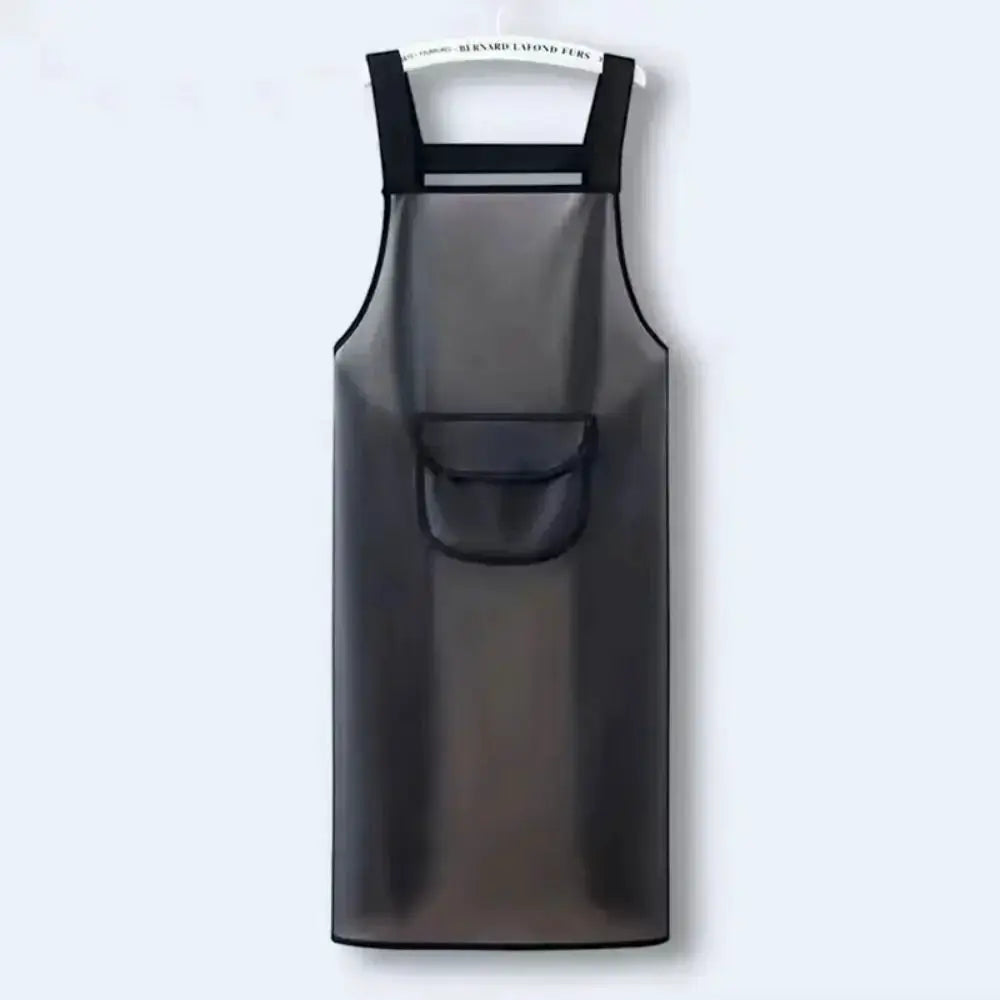 Transparent black PVC waterproof kitchen apron with front pocket and black neck straps