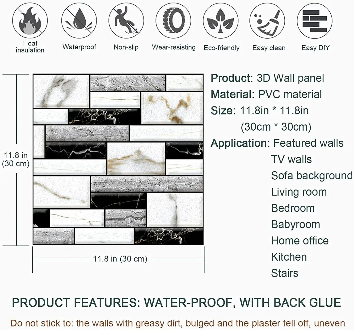 Simples Market 3D PVC self-adhesive wall tile stickers; marble mosaic, waterproof, 11.8in square, 5/10 pcs