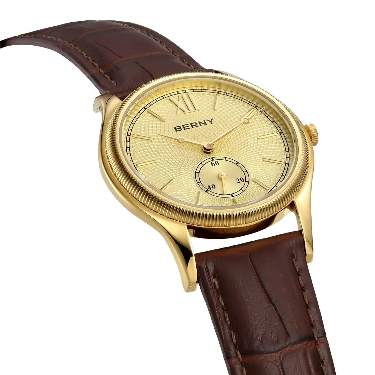 BERNY men's luxury wristwatch with gold-tone case, textured gold dial, brown leather strap