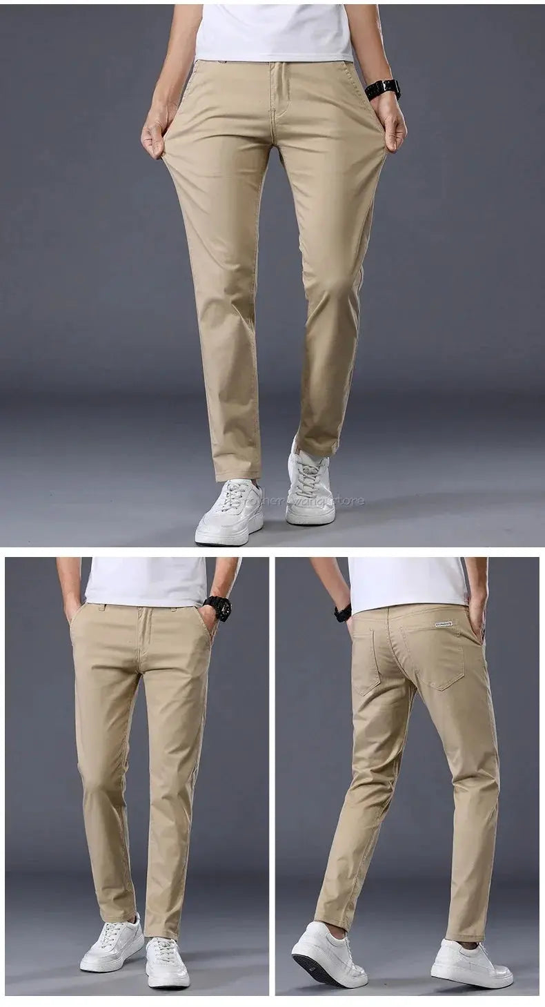 Simples Market men's casual cotton pants, beige slim-fit straight trousers shown from front and back
