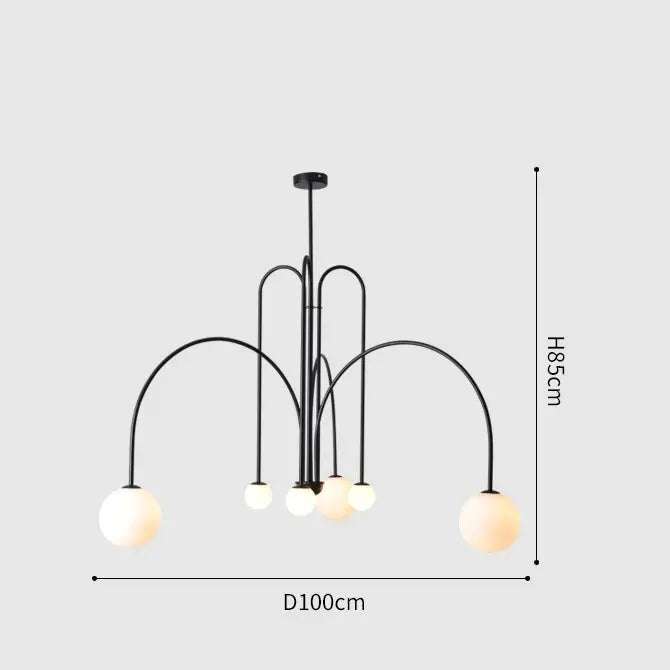 Nordic minimalist pendant light chandelier with black metal frame and white globe bulbs, multi-arm design.