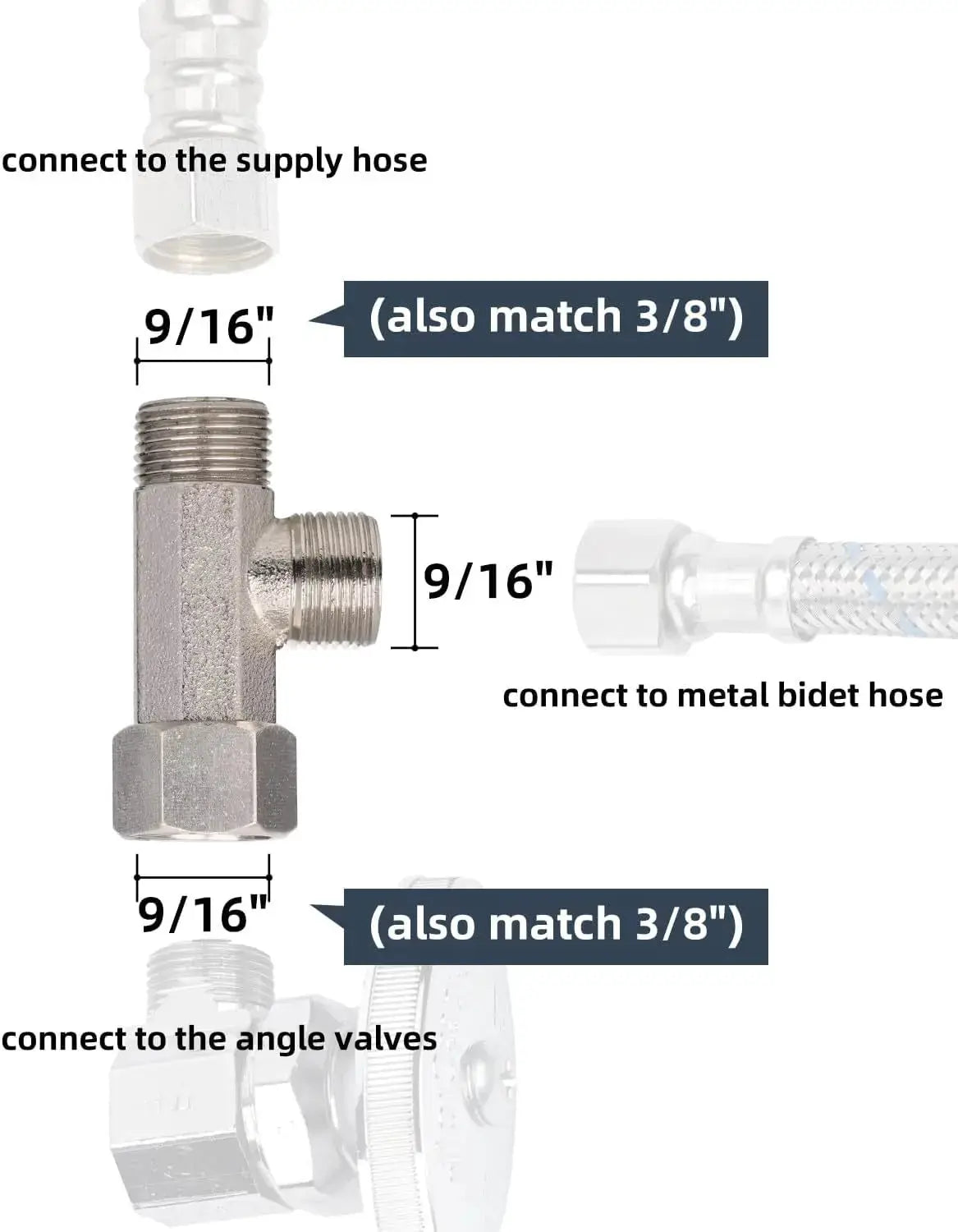 Brass T valve adapter for toilet bidet sprayer; 3/8, 1/2, 9/16 in fittings; Simples Market