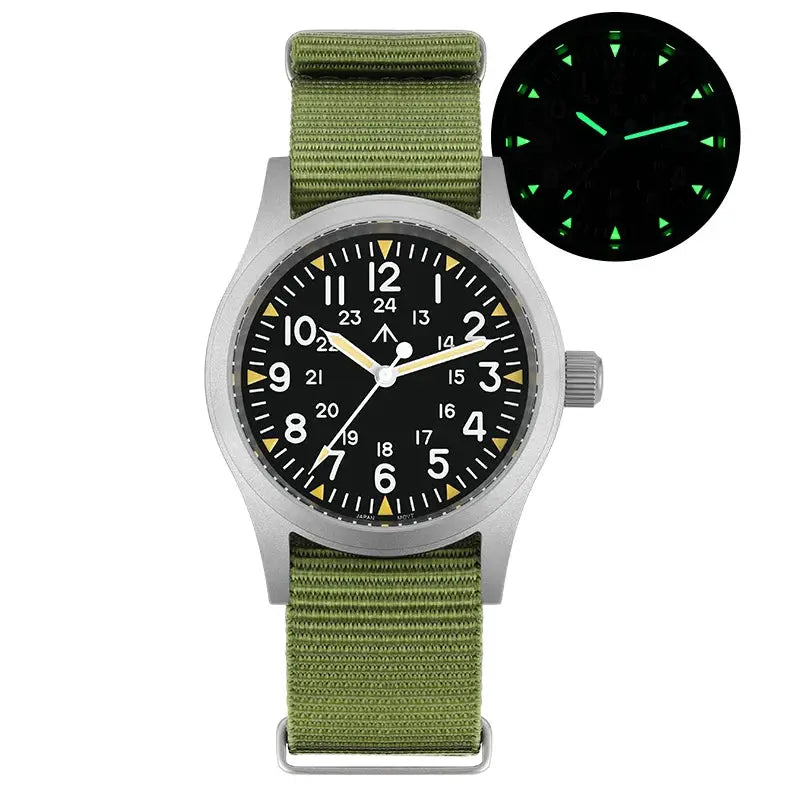 Militado ML05 vintage watch by Simples Market with green nylon strap, black dial, luminous hands, 38mm