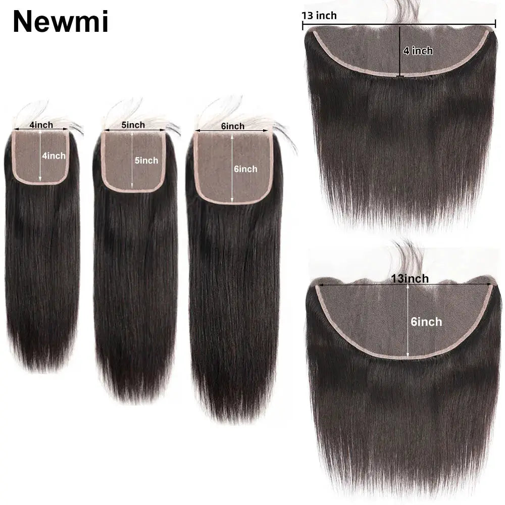 Straight lace closures and lace frontal human hair extensions; black, 3 closures and 2 frontals