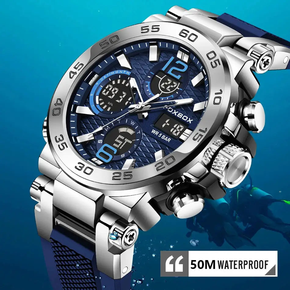 FOXBOX Sport Men's Digital Watch with blue dial, stainless steel case and strap, chronograph, 50M waterproof
