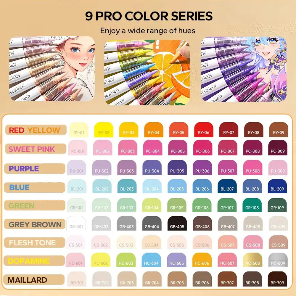 9PCS acrylic brush pen set by Simples Market with ink control for painting and sketching; color swatches.