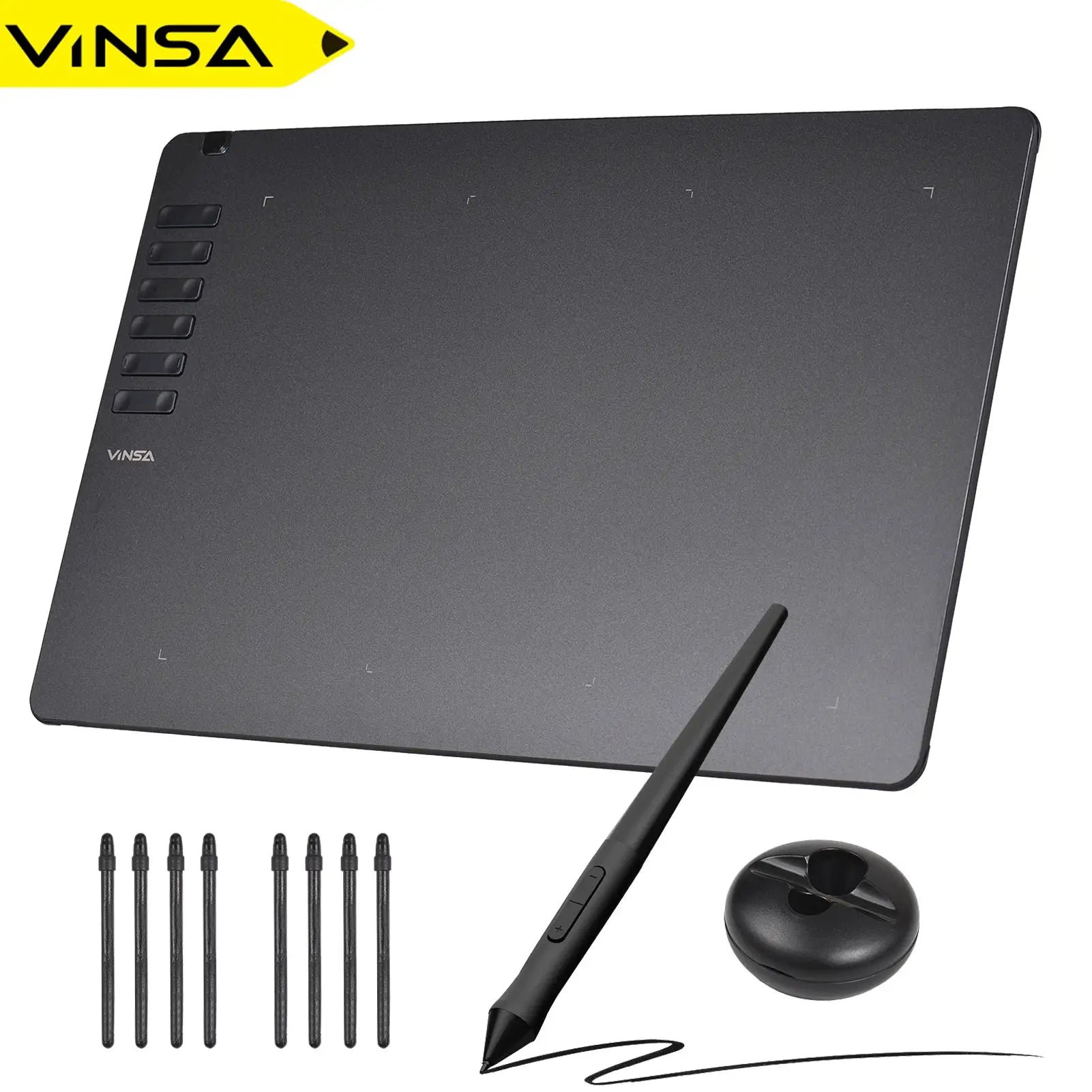 VINSA T1161 graphics drawing tablet with battery-free stylus and 8 pen nibs