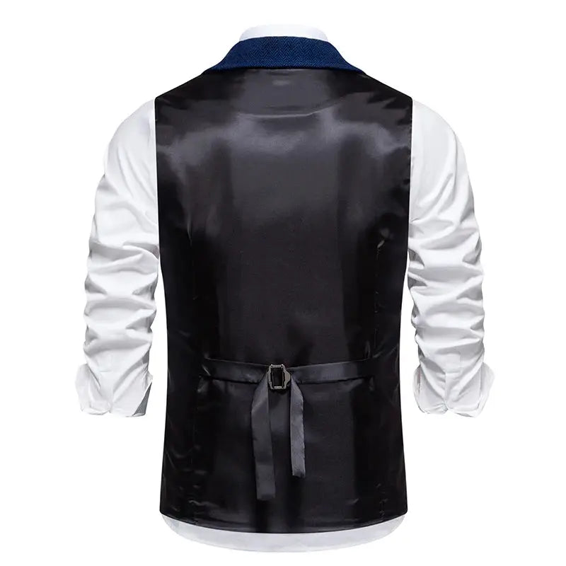 Men's retro vest by Simples Market; black satin back with white shirt sleeves and blue collar