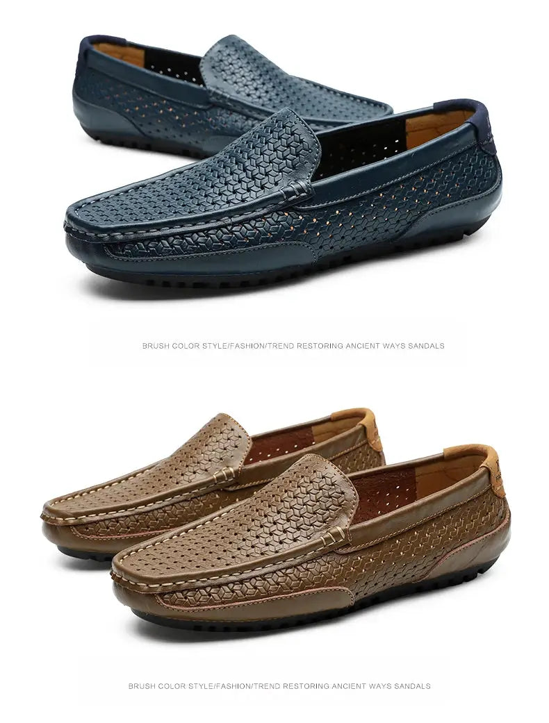Men's genuine leather woven loafers by Simples Market; blue and brown breathable slip-on moccasins (2 colorways)