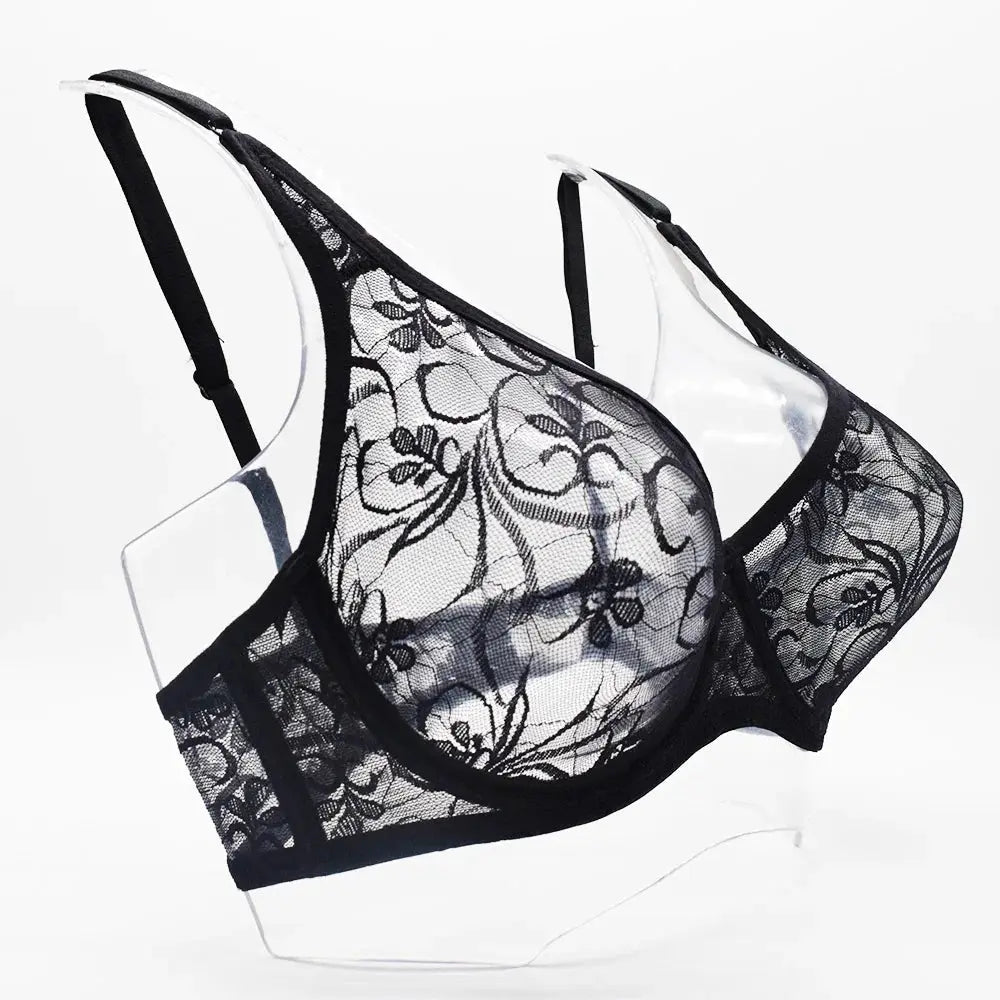 Womens black lace underwire bra with sheer floral embroidery and hollow-out design, plus-size, Simples Market