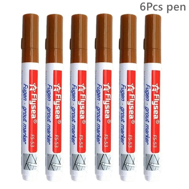 6-pack Fugen grout marker pens with brown caps and white bodies.