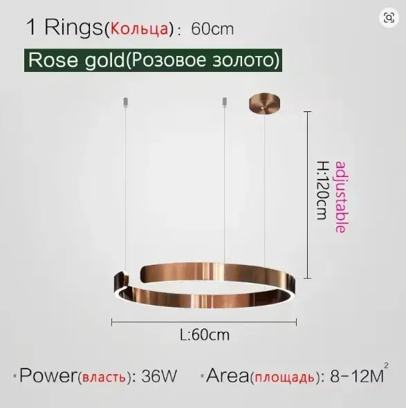 Simples Market rose gold ring ceiling chandelier, 60 cm diameter, adjustable height 120 cm, LED pendant lamp