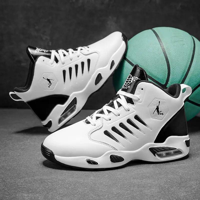 Men's high-top basketball shoes, breathable mesh, white/black pair with cushioned sole
