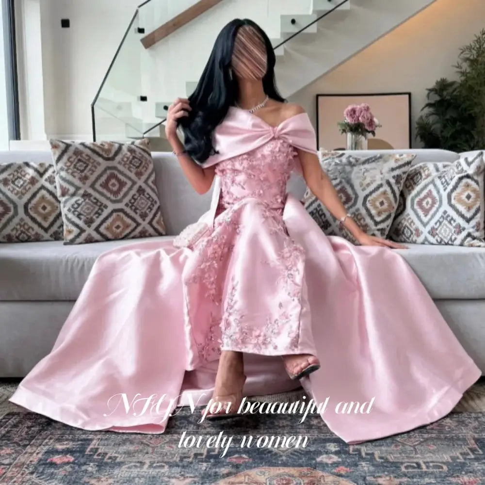 Pink Elegant Prom Dress Off Shoulder Satin Mermaid Dress Pleats