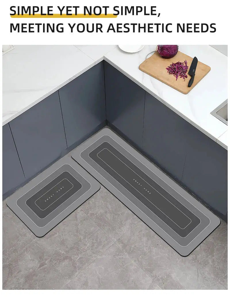 2-piece gray diatomite kitchen floor mats; waterproof, anti-skid with concentric border patterns