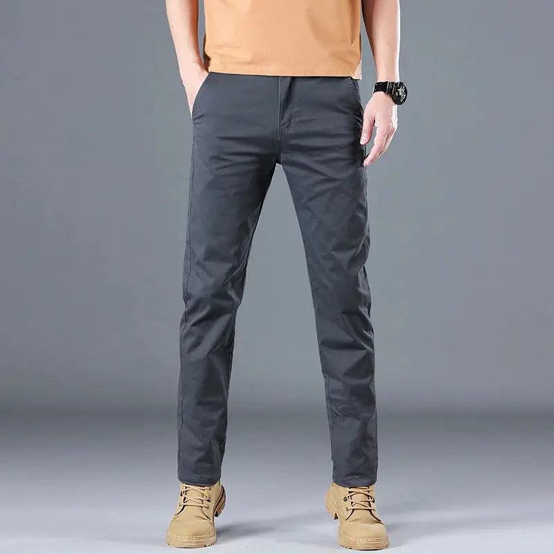 Men's dark gray cotton casual pants, slim straight fit.