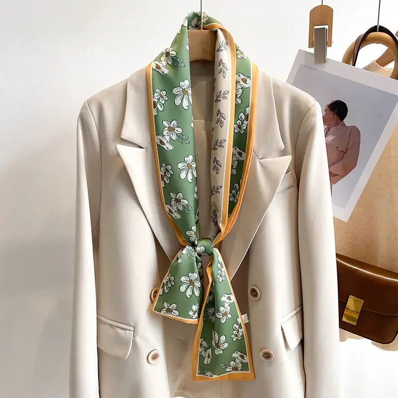 LuxeSilk Silk Feel Printed Design Scarf Versatile Long Narrow Silk Shawl For Fashionable Styles