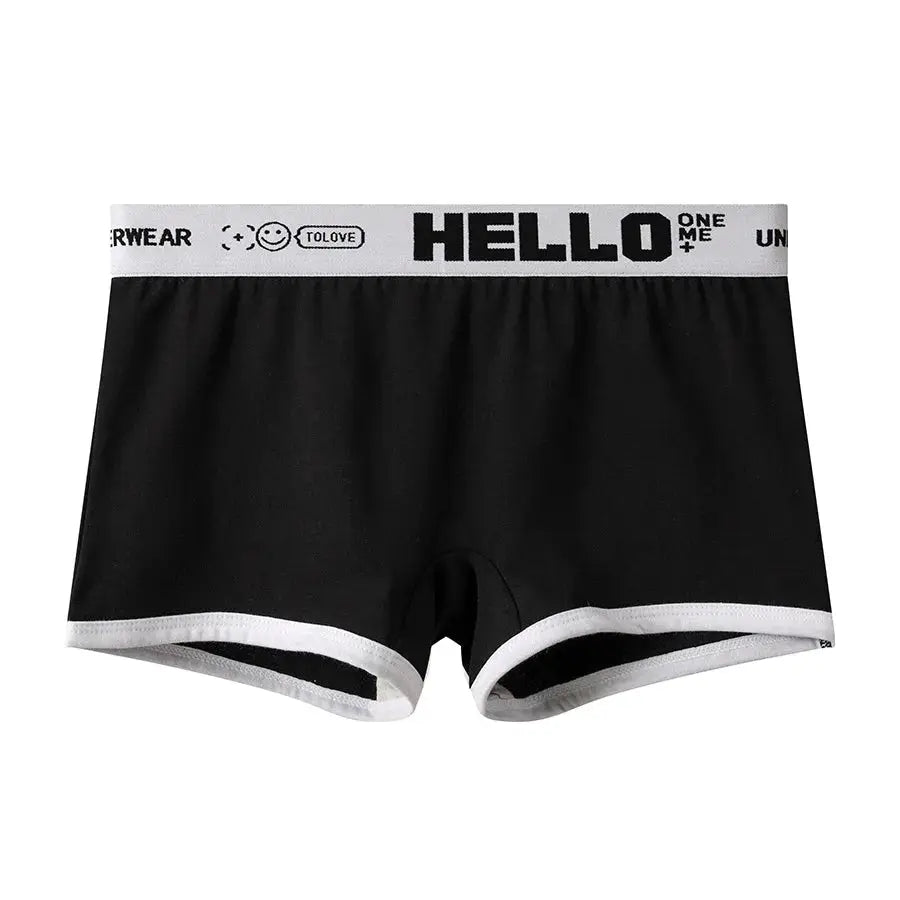 Women's black cotton boyshorts by Simples Market with white waistband and HELLO graphic