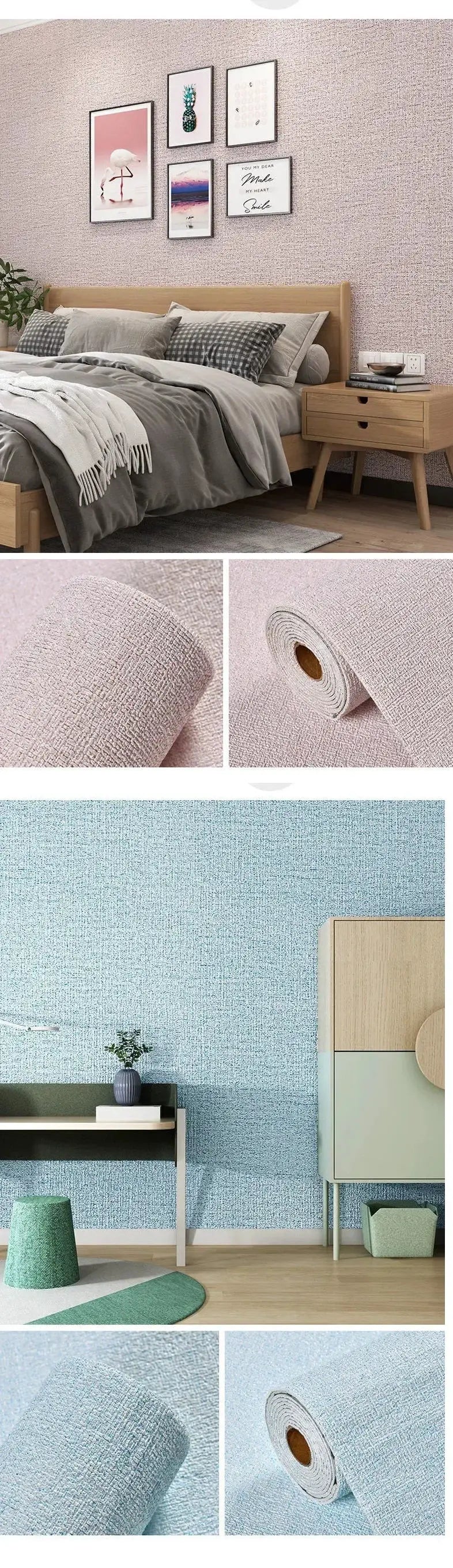 Simples Market Linen 3D Foam self-adhesive wallpaper rolls in pink-beige and blue textured PVC for walls