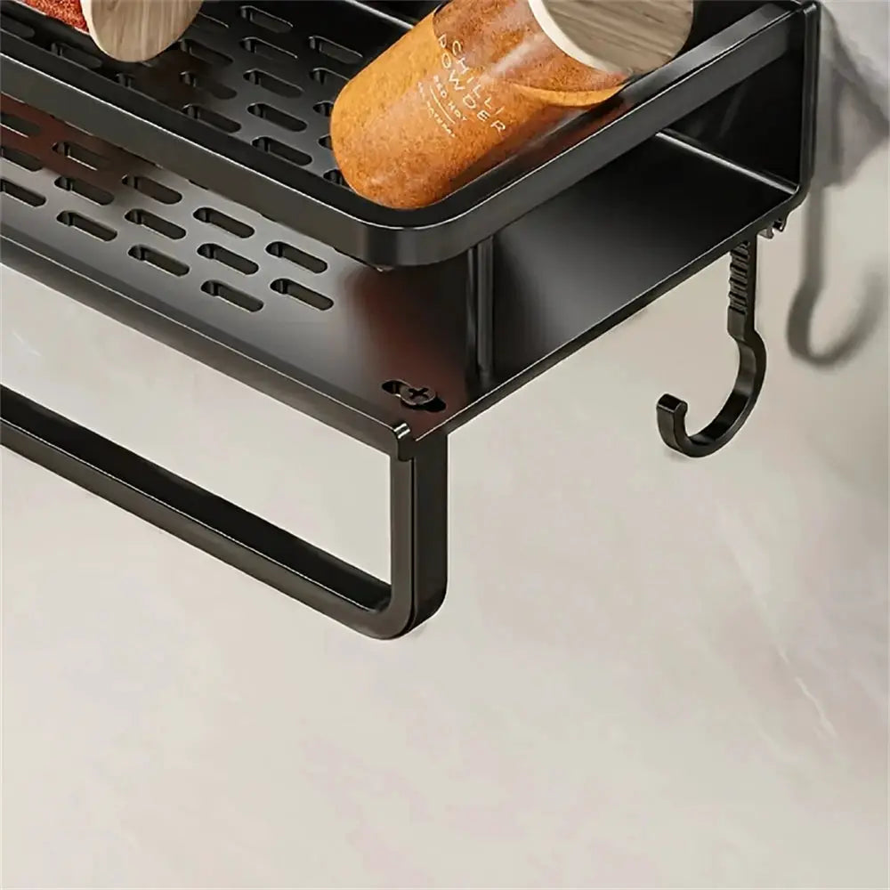 Multi-functional wall-mounted storage rack with rod seasoning rack, black metal for cooking items