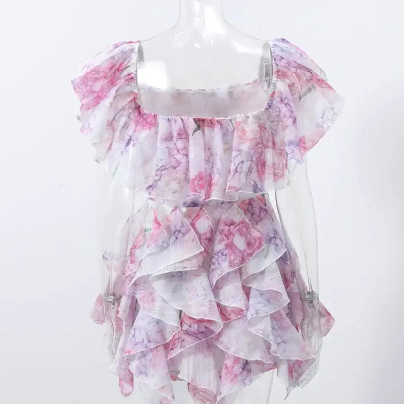 Floral Printed Backless Mini Dress Sleeveless A Line Party Clubwear