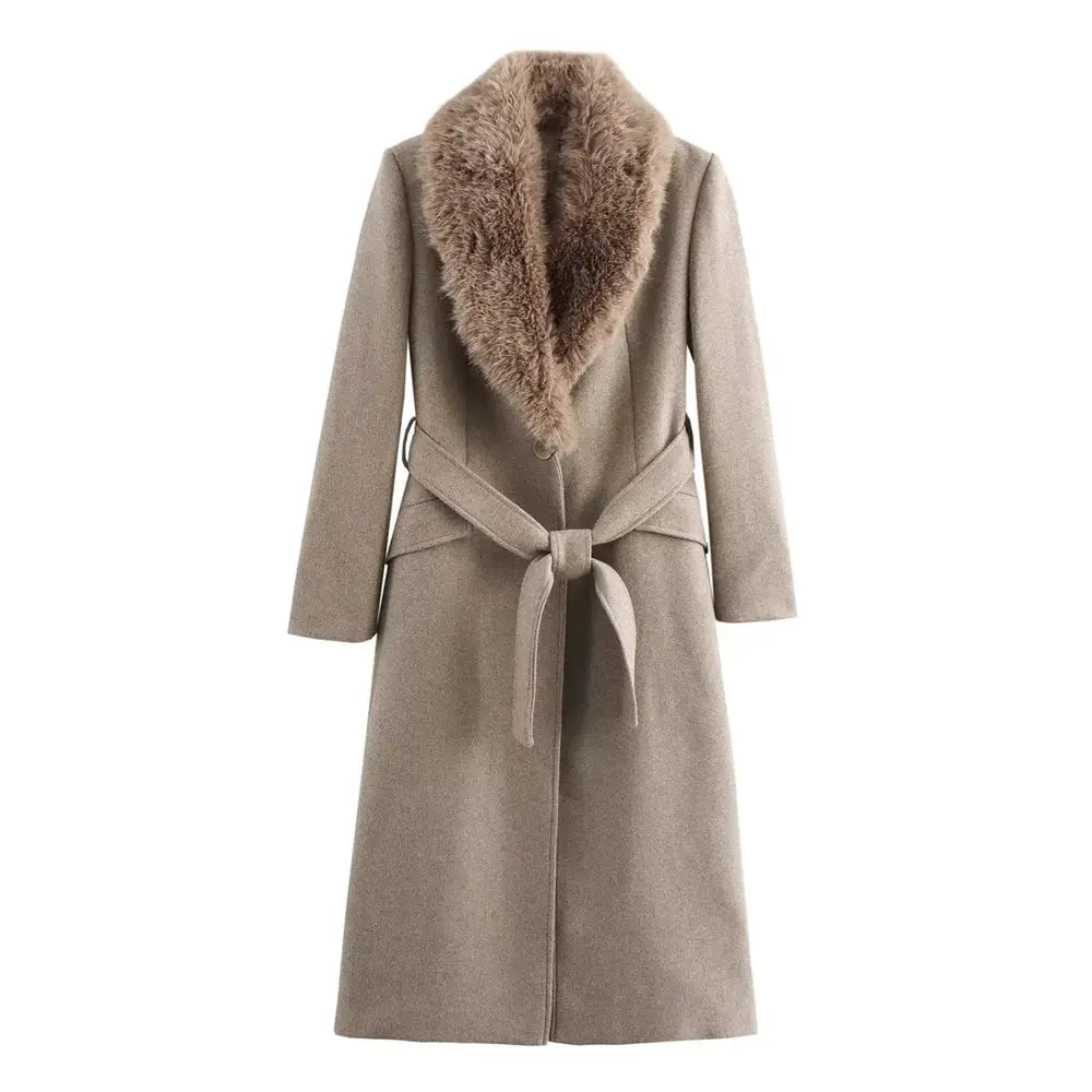 Women Aurora Belted Warm Fur Collar Coat Luxurious Style With Slimming Wide Waist For Autumn And Winter