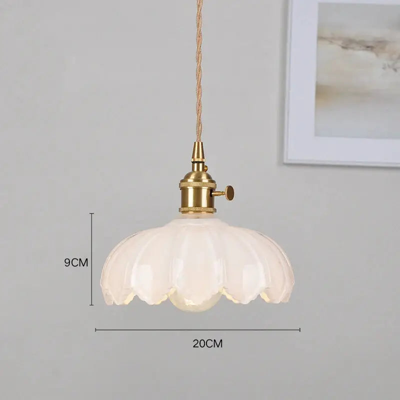 Simples Market vintage pendant lamp with brass hardware and white scalloped glass shade, 20cm wide, 9cm tall