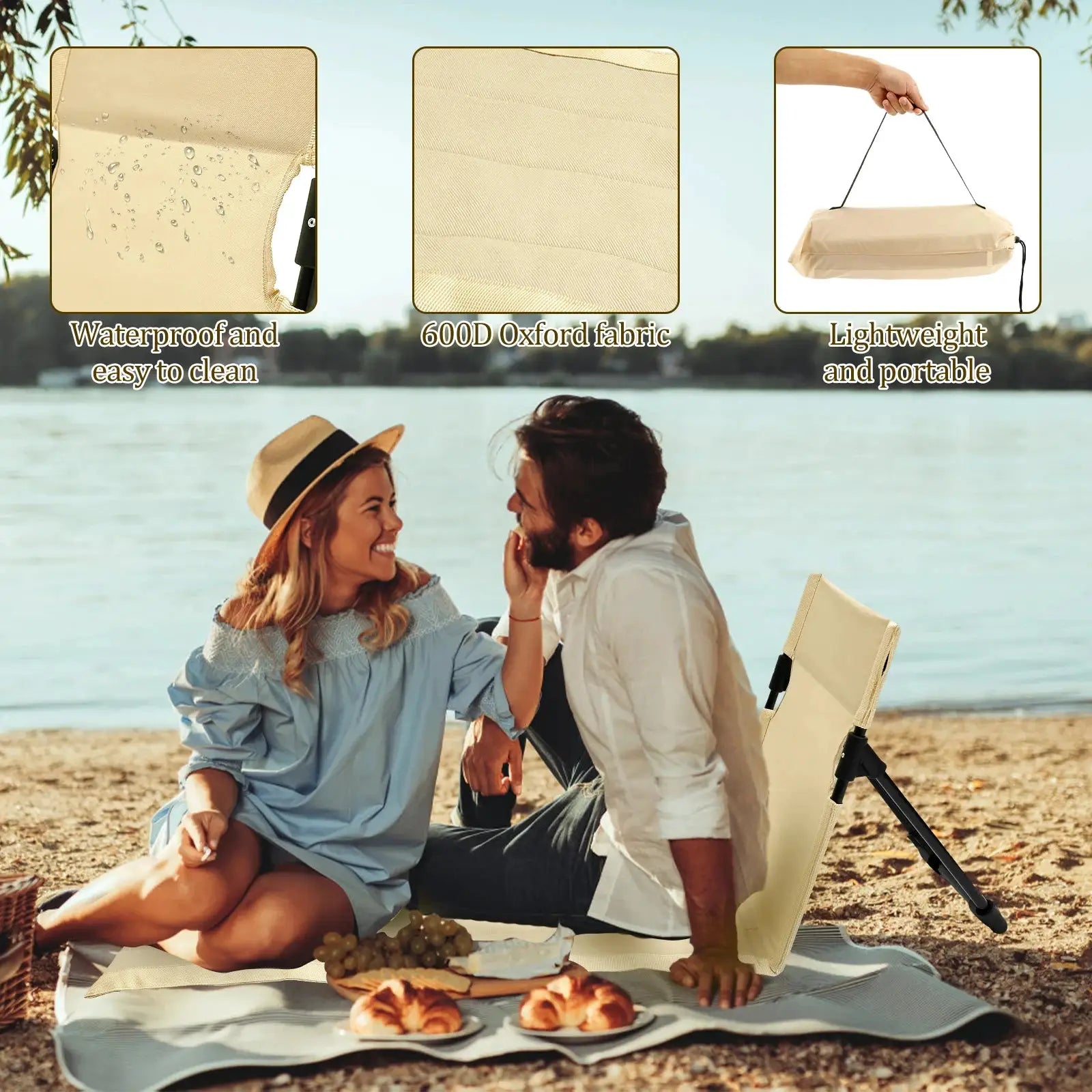Outdoor foldable camping chair by Simples Market; beige 600D Oxford fabric, waterproof and portable