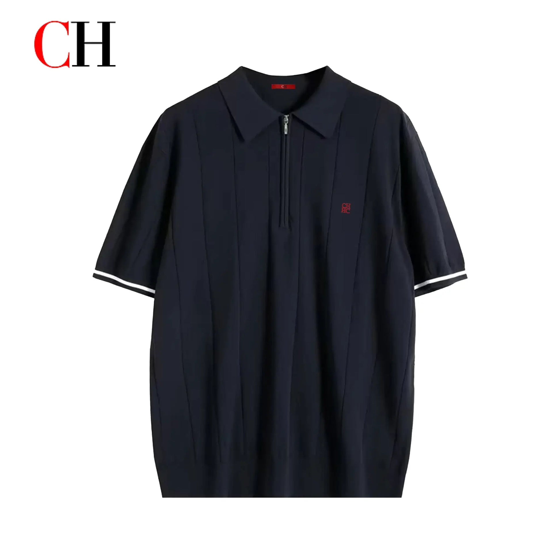 CH Men navy vertical striped knit polo shirt with half-zip lapel, short sleeves, red CH embroidery