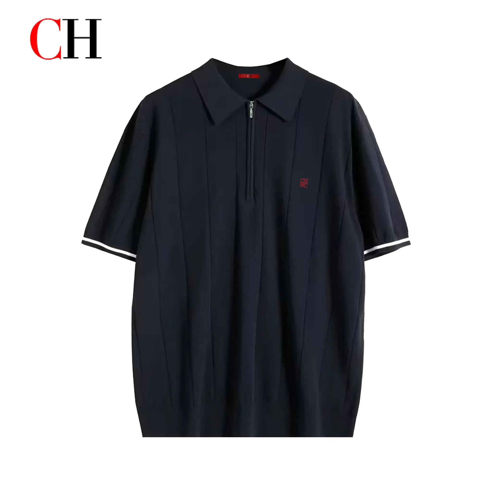 CH Men navy vertical striped knit polo shirt with half-zip lapel, short sleeves, red CH embroidery