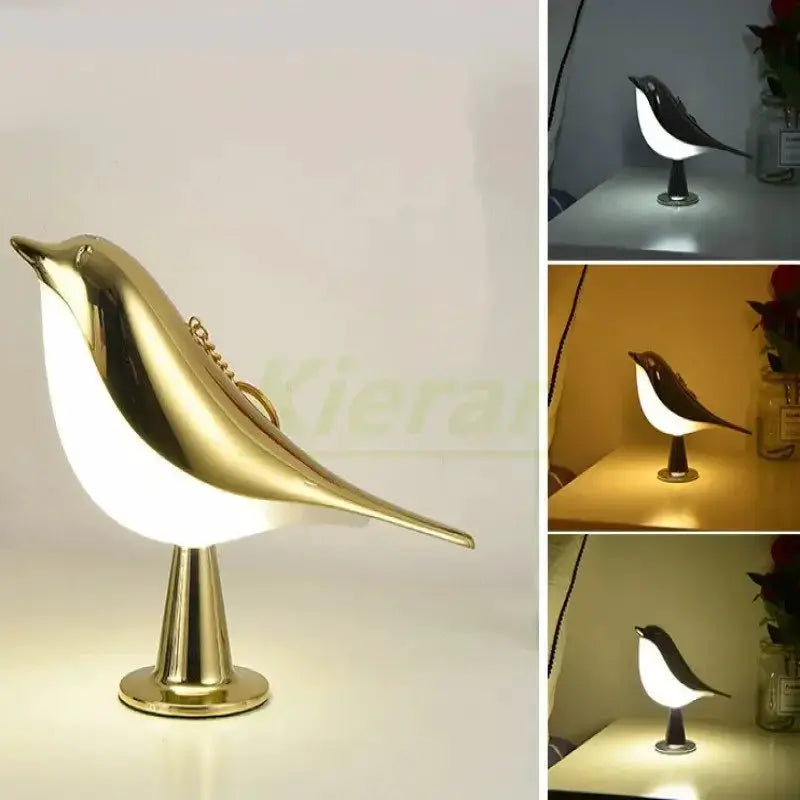 Gold-tone magpie LED desk lamp with white-lit body and metal pedestal base; black finish variant shown.