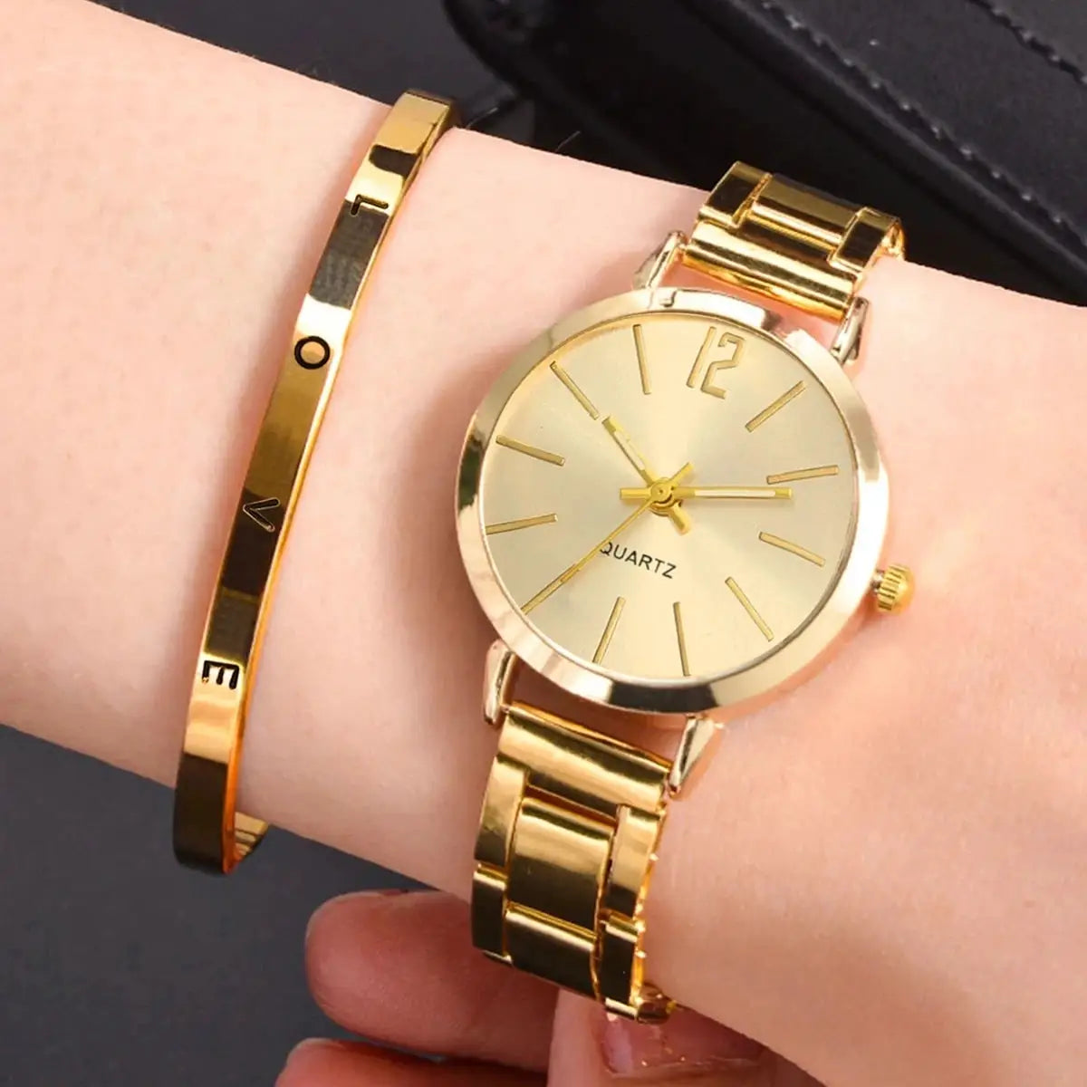 2-piece gold-tone women's watch and bracelet set with quartz movement, Simples Market