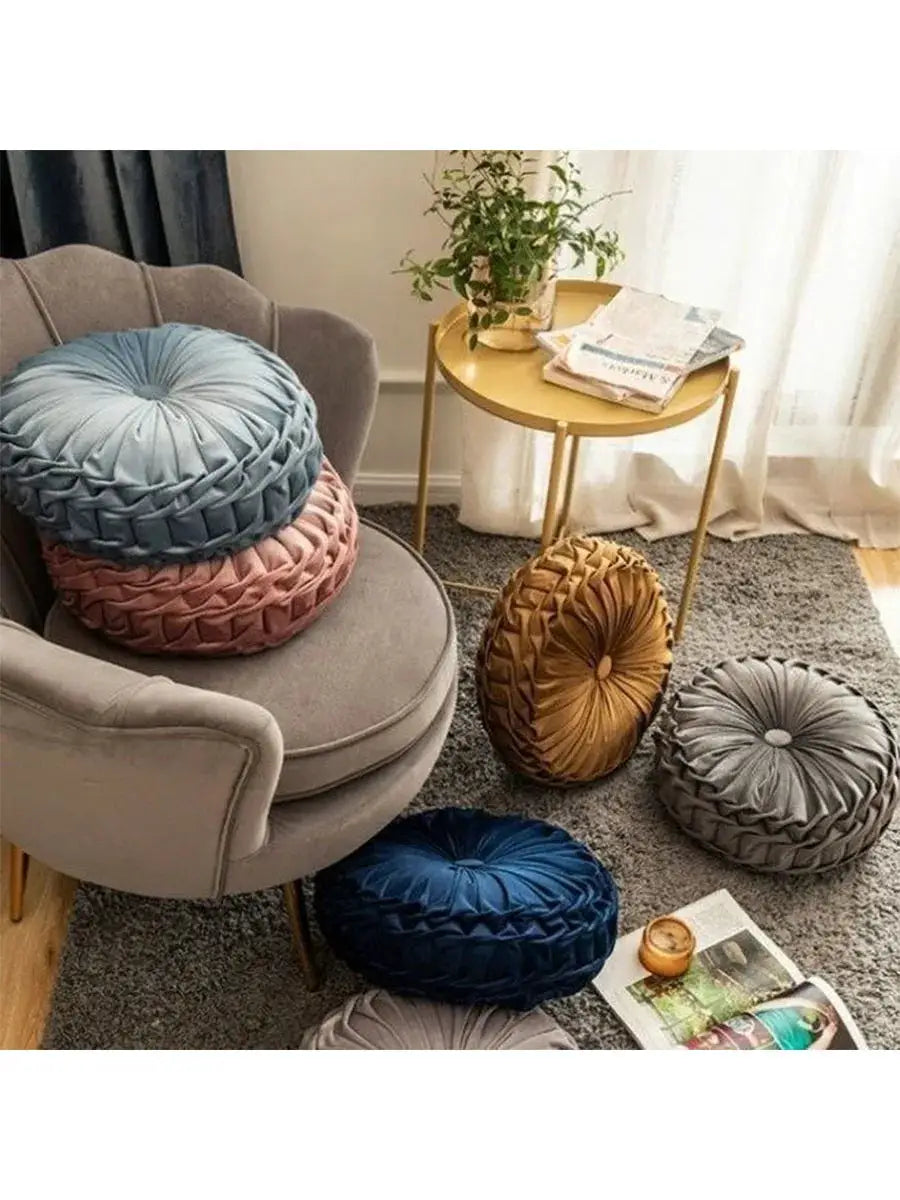 Simples Market throw pillow set, 6 round hand-sewn pleated Dutch velvet cushions in blue, pink, bronze, gray.