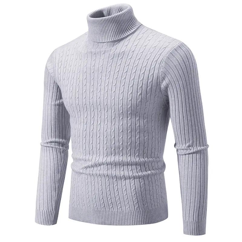 Men's gray cable-knit turtleneck sweater; solid color, ribbed cuffs and hem.