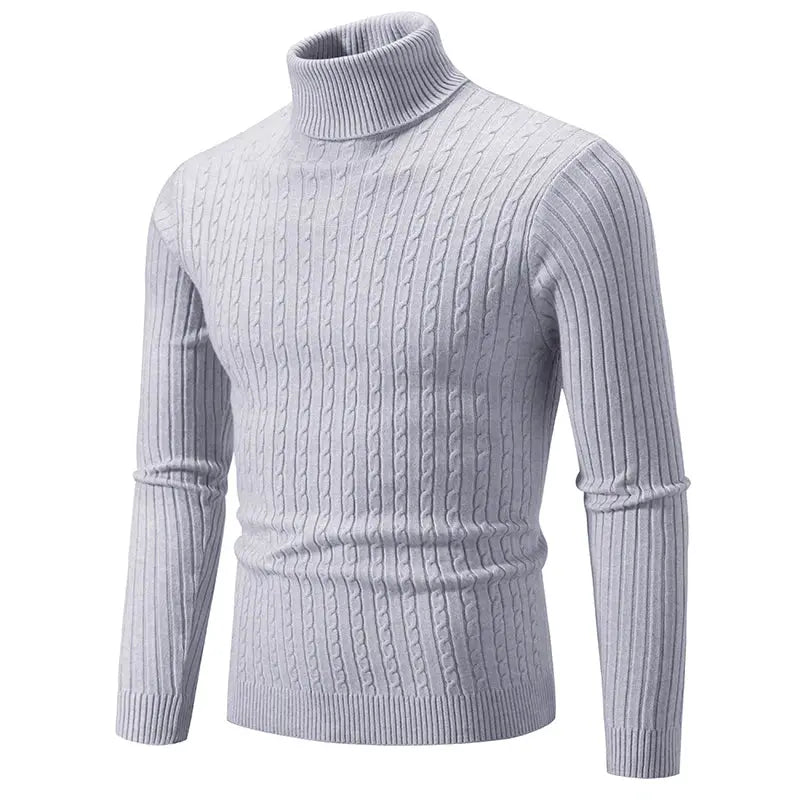 Men's grey turtleneck knitted sweater with cable-knit pattern, warm casual pullover.