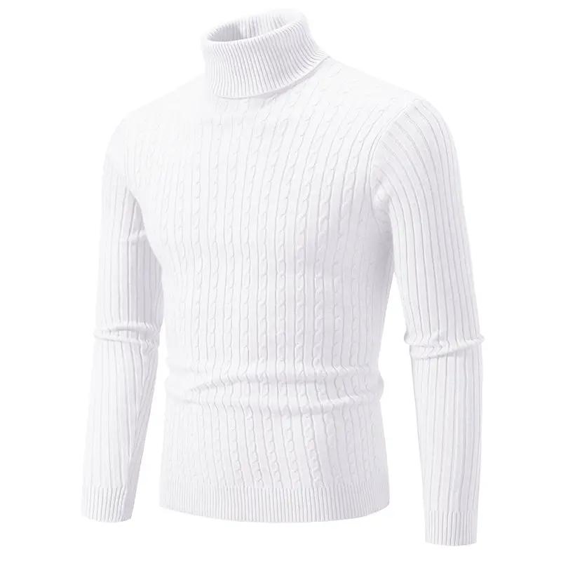 Men's white turtleneck cable-knit sweater, warm solid-color pullover for winter