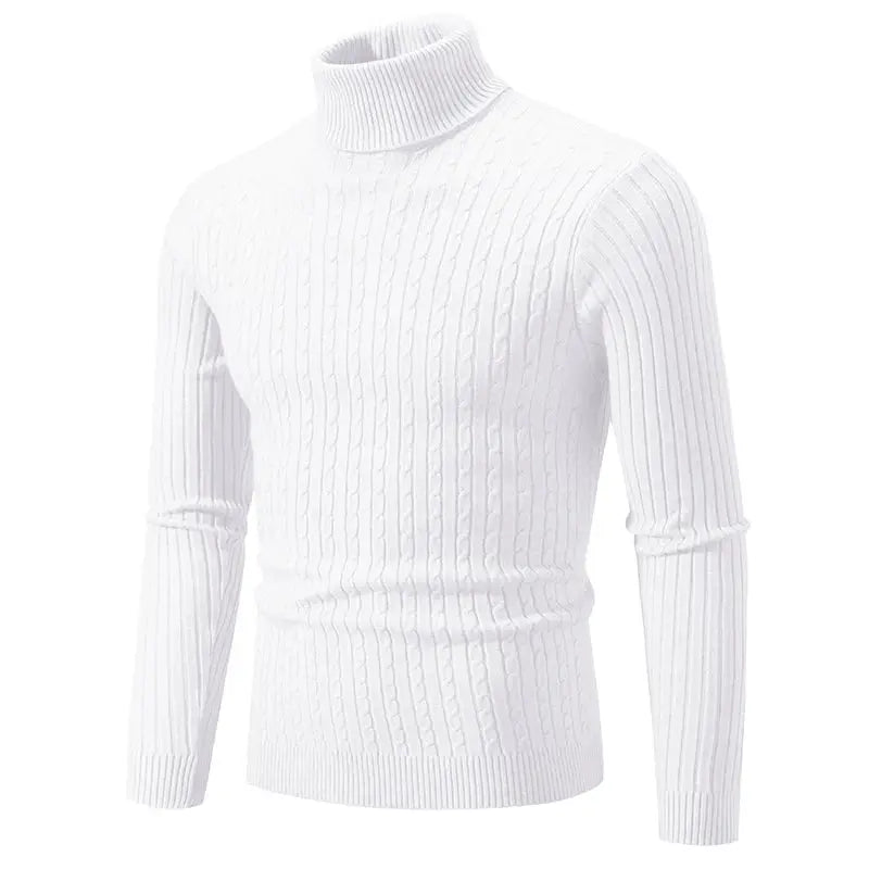 Men's white woolen cable-knit turtleneck sweater, solid color pullover by Simples Market.
