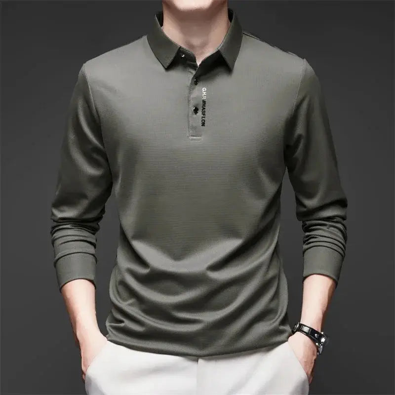 Men's olive green long-sleeve polo shirt with dark contrast collar and badge placket.