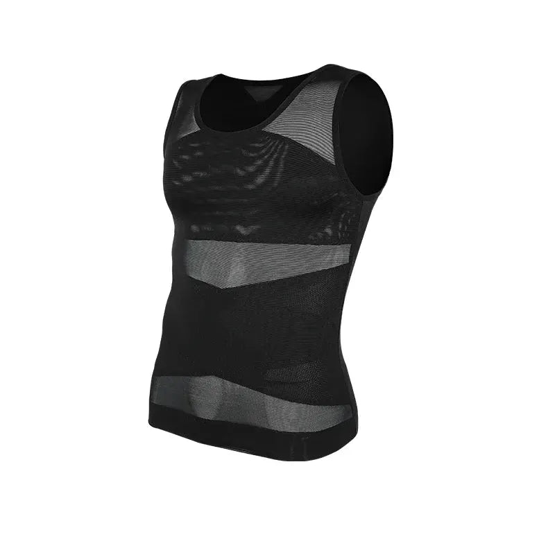 Men's shapewear tank top sleeveless vest with cross mesh panels, black breathable compression undershirt