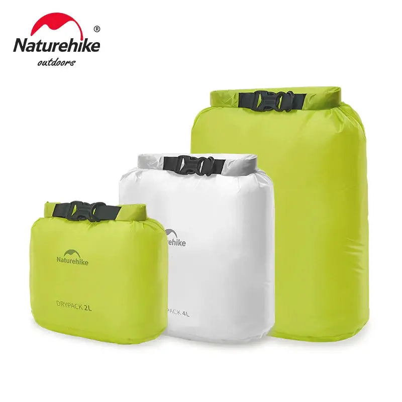 Naturehike 3-piece dry bag set; waterproof vacuum compression organizers in lime green and white with buckle closures