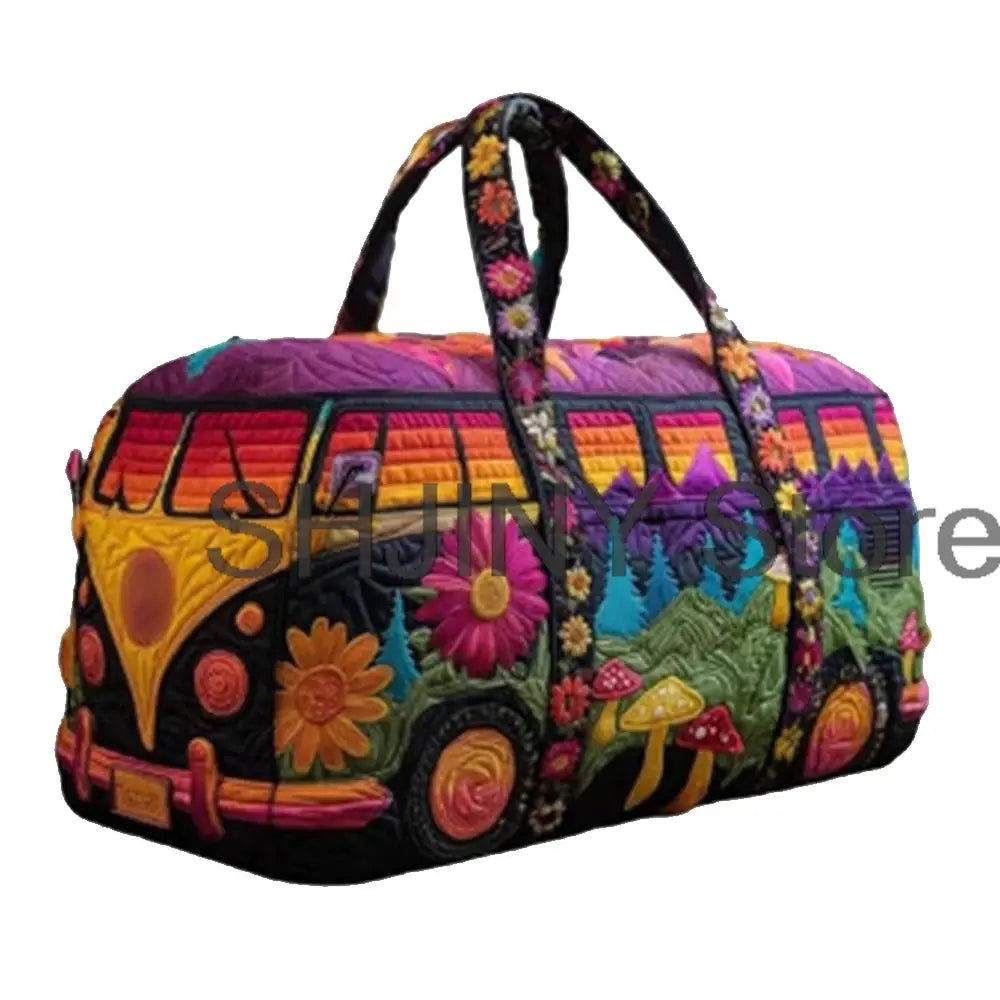 Duffle bag by Simples Market, colorful quilted camping/travel bag with floral-forest pattern and twin handles