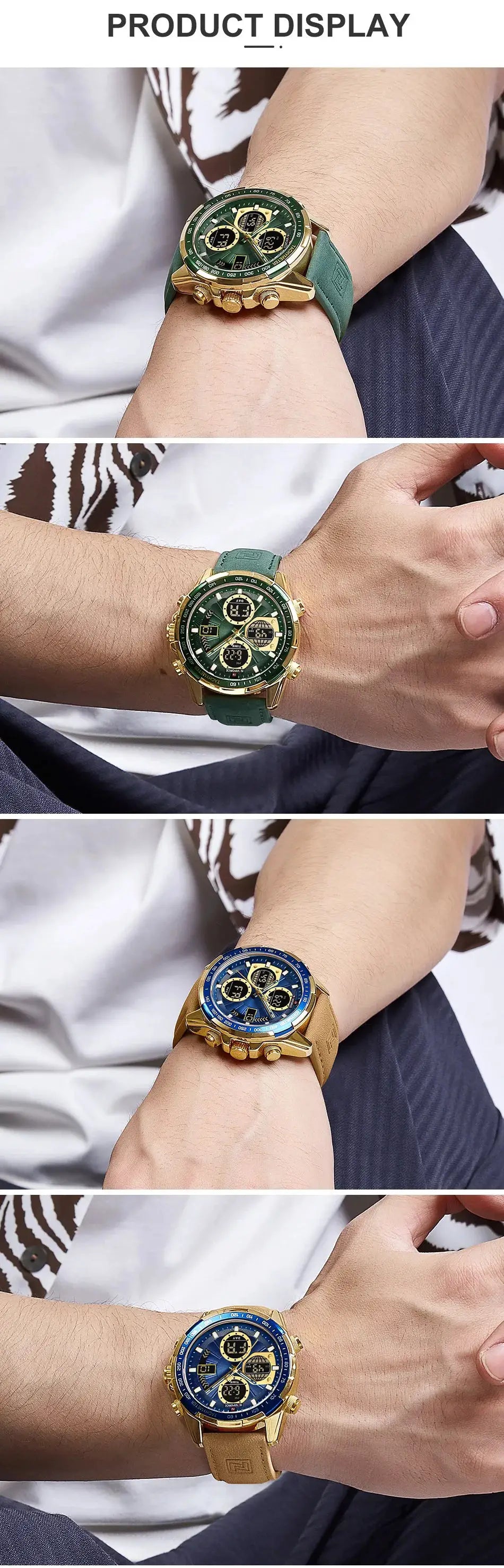 NAVIFORCE men's leather sport watches with gold-tone case in four color variants featuring green and blue dials